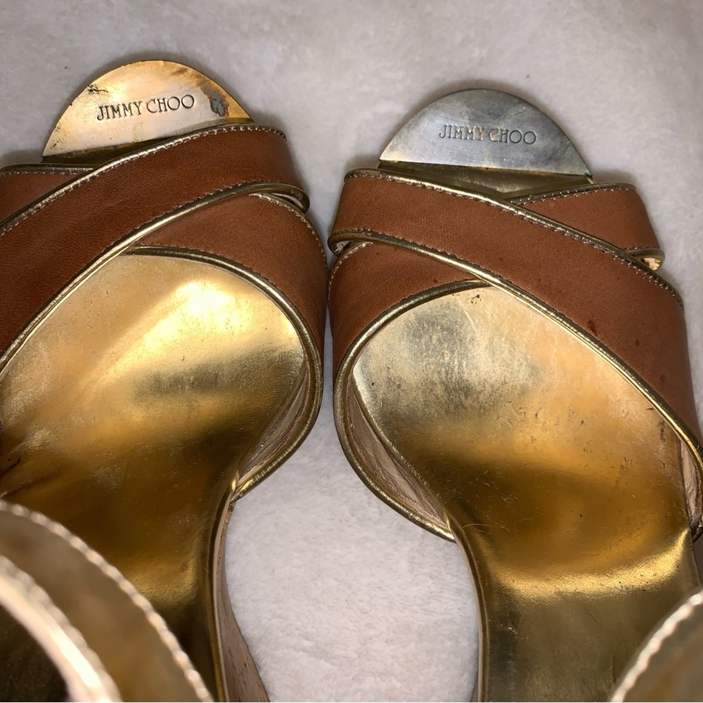 Jimmy Choo Wedge Size 39 1/2 Neutral Patent Leather Cork Platform Open Toe Wedge - Picture 14 of 14